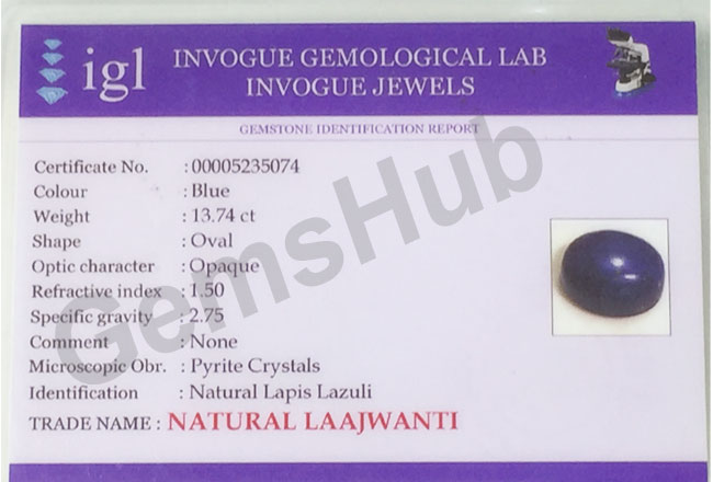 13.74 ct Natural Certified Lapis Lazuli (Lajwart)